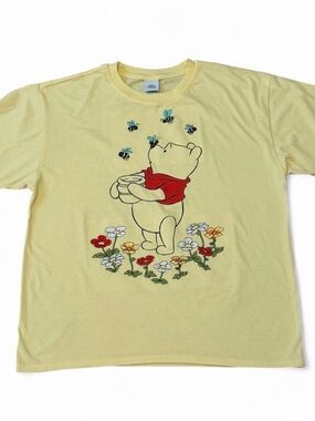 Disney Winnie the Pooh yellow embroidered graphic t-shirt with bees and flowers
